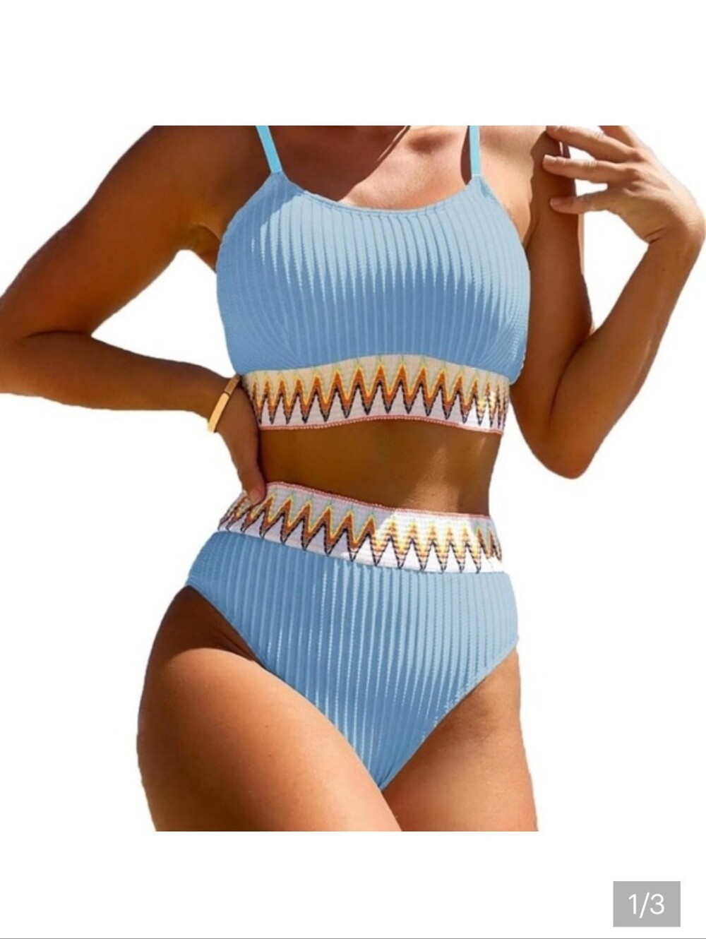 Light Blue Textured Girls Two-Piece Swim Set with Multicolor Trim